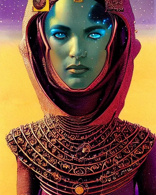 Image similar to arab princess, character portrait, portrait, close up, concept art, intricate details, highly detailed, vintage sci - fi poster, in the style of chris foss, rodger dean, moebius, michael whelan, and gustave dore