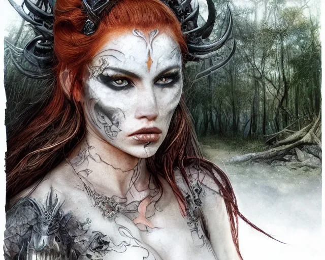 Image similar to 5 5 mm portrait photo of an armored gorgeous anesthetic redhead woman warrior with a face tattoo and horns growing from her head, in a magical forest in the style of stefan kostic, art by luis royo. highly detailed 8 k. intricate. lifelike. soft light. nikon d 8 5 0. cinematic post - processing