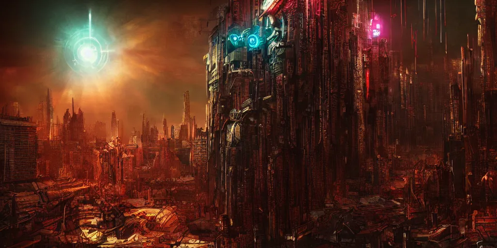 Image similar to cyberpunk chtulhu closeup, fallout 5, studio lighting, deep colors, apocalyptic setting, vertically mirrored city