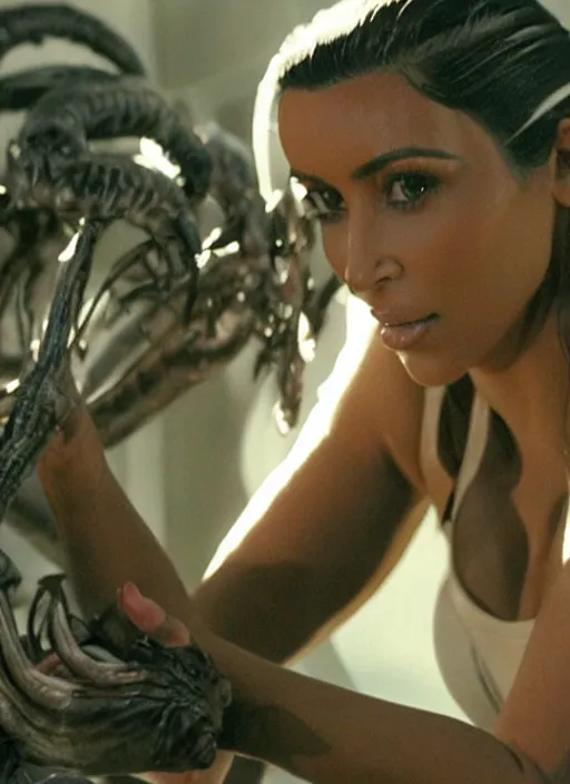 Image similar to movie still of kim kardashian wearing alien facehugger mask, in the movie alien. cinematic full shot.