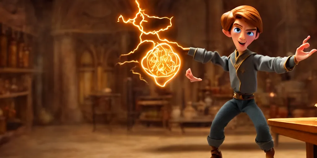 Image similar to a epic scene of a handsome young caucasian male sorcerer with brown hair casting a spell that is emanating from his hands, indoor, alchemist lab, action pose, medium shot, depth of field, sharp focus, waist up, award winning animation, pixar animation style