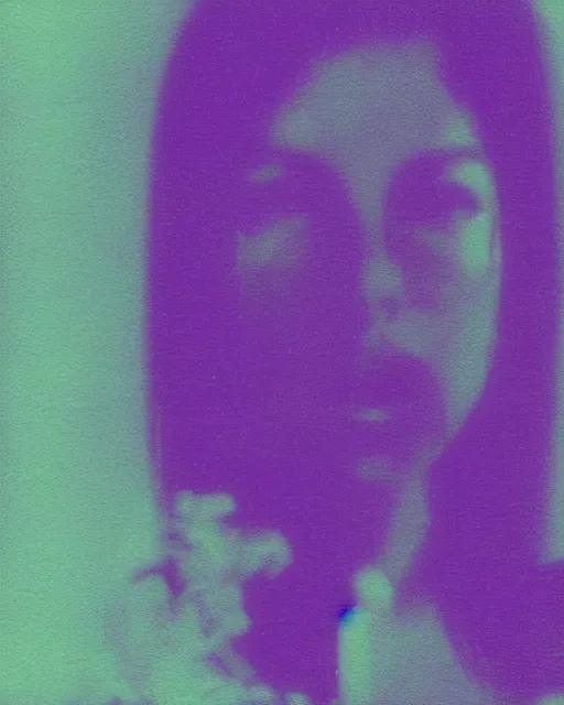 Prompt: featureless woman's face, serene emotion, violet and yellow and green lighting, polaroid photo, 1 9 8 0 s cgi, atmospheric, whimsical and psychedelic, grainy, expired film, super glitched, corrupted file, ghostly, bioluminescent