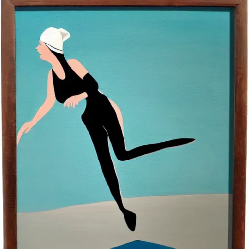 Prompt: acrylic painting on wood of a woman wearing a swimming cap diving from a high diving board into a pool. the pool is out of frame. teal, white, black and grayscale. simple. flat. vintage, mid - century modern