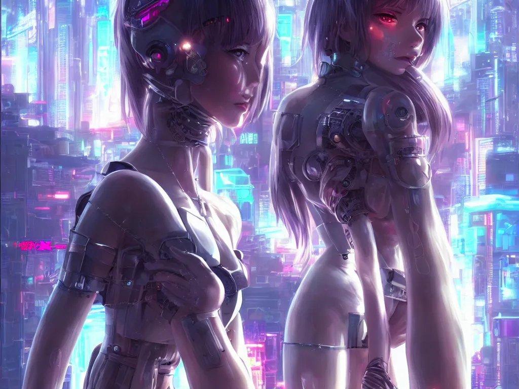 Image similar to anime visual of portrait futuristic cyber warrior girl, in future cyberpunk tokyo rooftop, ssci - fi, fantasy, intricate, very very beautiful, elegant, neon light, highly detailed, digital painting, artstation, concept art, smooth, sharp focus, illustration, art by wlop and tian zi and artgerm