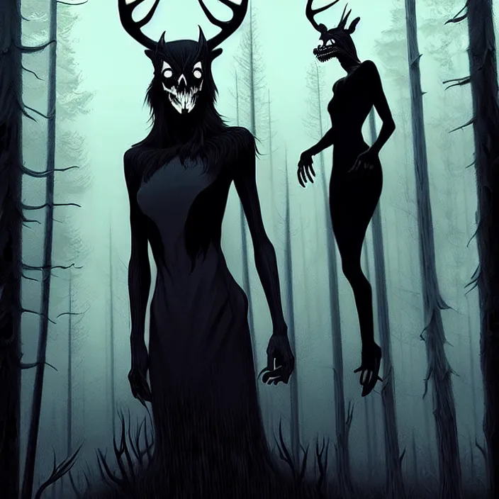 Image similar to style artgerm, joshua middleton, diego fazio, rafael albuquerque : : scary wendigo with antlers and skull face mixed with werewolf : : [ [ beautiful witch wearing a black dress, symmetrical face, on the right side ] ] : : in the forest, detailed, dark and foggy, cinematic lighting