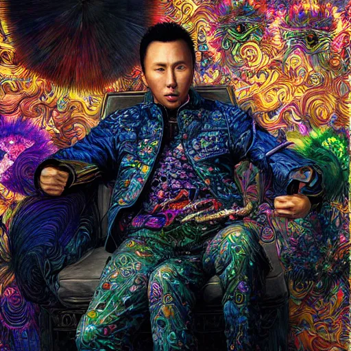 Image similar to portrait of donnie yen, hyper detailed masterpiece, neon floral pattern, jean giraud, digital art painting, darkwave goth aesthetic, psychedelic, artgerm, donato giancola and tom bagshaw