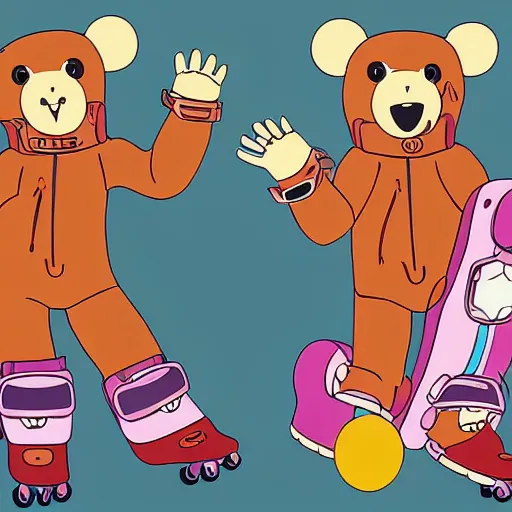 Image similar to happybears!, happy bears! kill union, humanoid bears, bear costumes, happy faces, evil happy faces, rollerblading, rollerskates, cel - shading, four humanoid bears, 2 0 0 1 anime, flcl, golden hour, japanese town, cel - shaded, strong shadows, vivid hues, y 2 k aesthetic