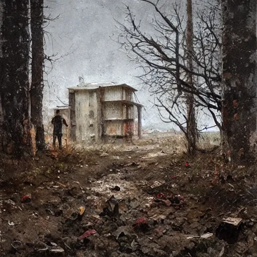 Image similar to painting by jakub rozalski of an abandoned post soviet town infested with root monsters