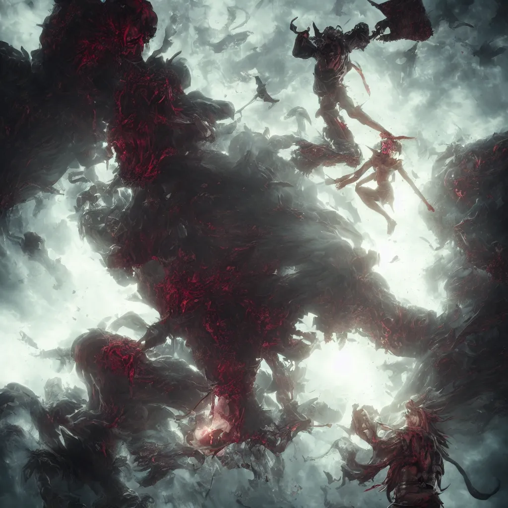 Image similar to berserk eclipse, blood, nightmare, rossdraws, norman rockwell, emiliano ponzi, epic composition, hd, octane, unreal engine, volumetric lighting, light rays, masterpiece, award - winning