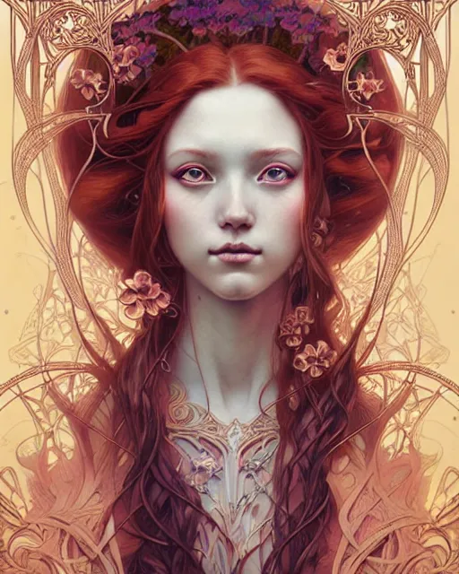 Prompt: Beautiful and playful ethereal ginger portrait, art nouveau, fantasy, intricate flower designs, elegant, highly detailed, sharp focus, art by Maximalism, Artgerm and Greg Rutkowski and WLOP