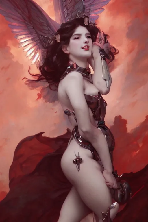 Prompt: Portrait of beautiful pale laughing succubus maiden with mechanical wings, nimbus, and devil's horns, red lighting, masterpiece 4k digital illustration by Ruan Jia and Mandy Jurgens and Artgerm and william-adolphe bouguereau, highly detailed, trending on artstation, award winning,