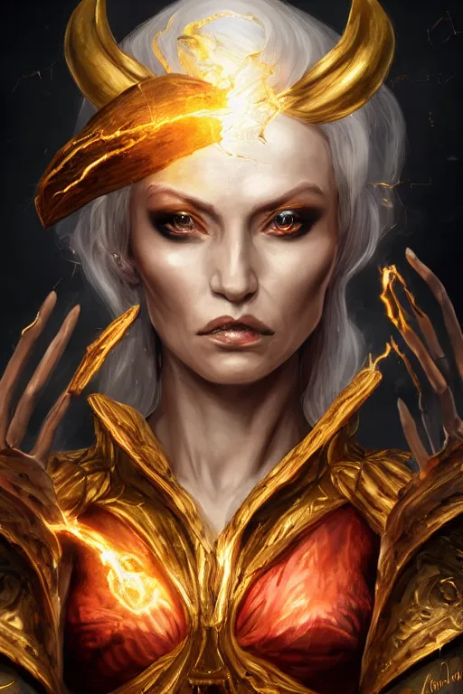 Prompt: fantasy character concept portrait, digital painting, wallpaper of a female magician overlord with skin of obsidian, with veins of magma and gold, renaissance nimbus overhead, by aleksi briclot, by laura zalenga, by alexander holllow fedosav, 8 k dop dof hdr, vibrant