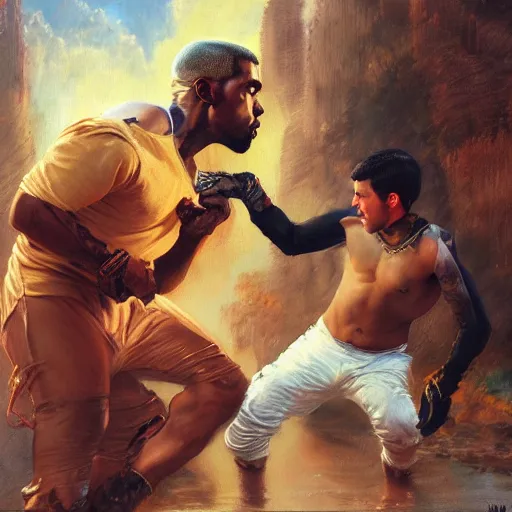 Image similar to a beautiful painting of handsome kanye west fighting handsome pete davidson, rendered art, highly detailed painting by gaston bussiere, craig mullins, j. c. leyendecker 8 k, trending on artstation, art