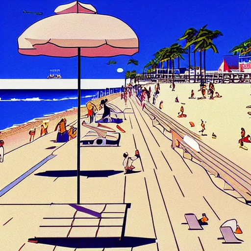 Image similar to a beautiful painting of a sunny day at the beach by hiroshi nagai and hirohiko araki, detailed line art