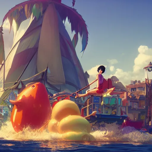 Image similar to a film still floats carnival, medium shot, waist up, studio ghibli, pixar and disney animation, sharp, rendered in unreal engine 5, anime key art by greg rutkowski, bloom, dramatic lighting