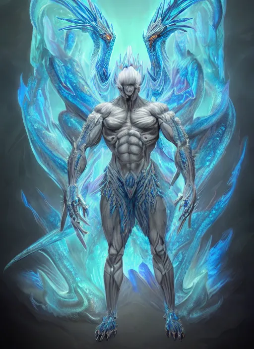 Image similar to muscular and tall blue ghostly fire humanoid dragon!!!! draconian!! intricate ornate iridescent exoesqueleton!! character concept art, sharp focus, octane render! unreal engine 5! highly rendered!! trending on artstation!! detailed linework!! illustration by artgerm, wlop, and chie yoshii