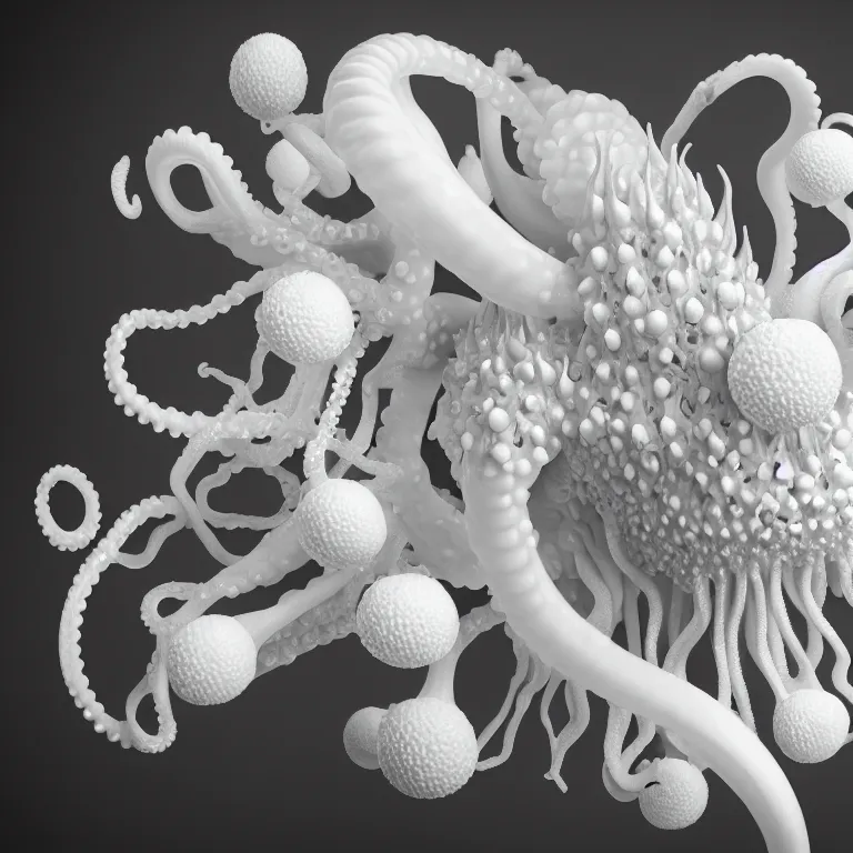 Prompt: still life of white flowers on a table, white alien squid, white octopus, , surreal alien ribbed white fruit, white human spine, baroque painting, beautiful detailed intricate insanely detailed octane render trending on Artstation, 8K artistic photography, photorealistic, chiaroscuro, Raphael, Caravaggio beautiful BW monochrome
