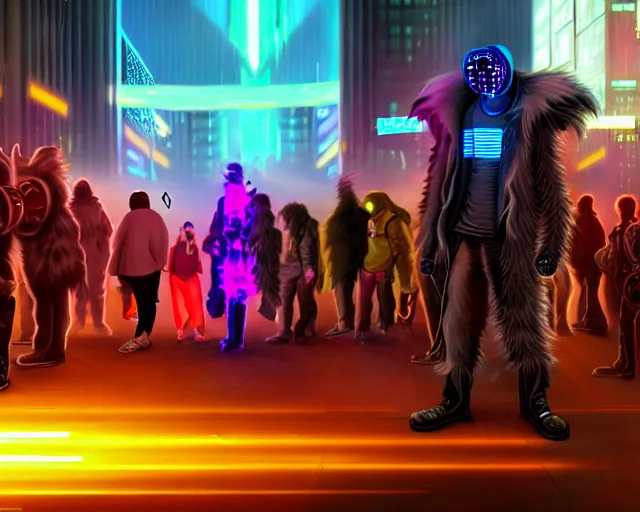 Image similar to high - resolution photograph from a cyberpunk era furry fandom convention ( midwest furfest 2 0 4 7 ), taking place after the genetic revolution and quantum singularity. photorealistic.