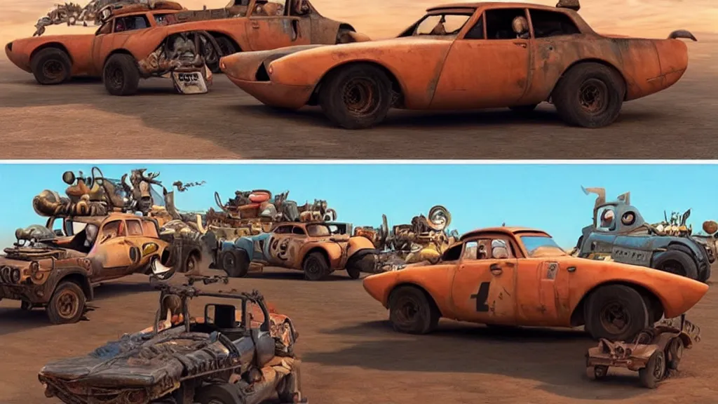 Prompt: mad max cars in a pixar disney movie