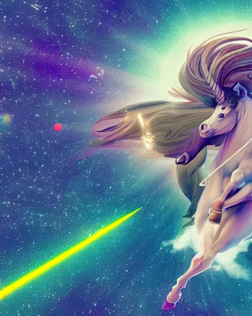 Image similar to Stylized Artistic Render of Jesus flying a unicorn through space while shooting lasers out of his eyes