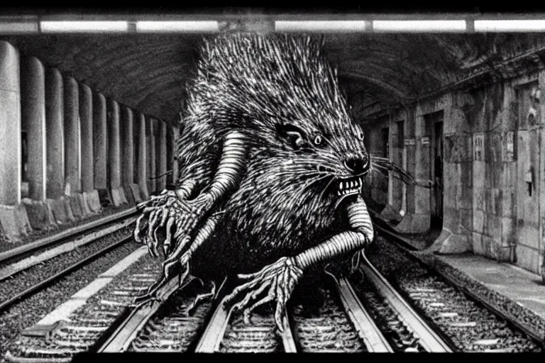 Image similar to very large giant mutant zombie irradiated ( angry rat ) staying on railways in tonnel of moscow subway. tonnel, railways, giant angry rat, furr, fangs, claws, very realistic. extreme long shot, 1 6 mm, herman nitsch and herman nitsch, giger.