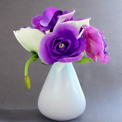 Prompt: blue and purple genetically modified blend of rose lily carnation orchid ranunculus!!! anenome, floral arrangement in futuristic!! vase made of mother of pearl, architectural digest, year 2 3 0 0