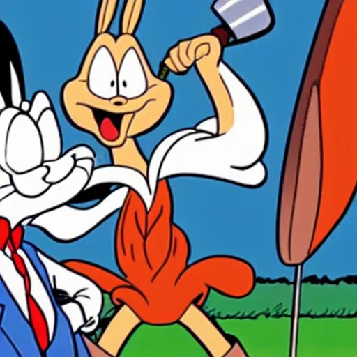 Image similar to bugs bunny smacking donald trump on the back with a club and sending him flying, cartoon, looney toons