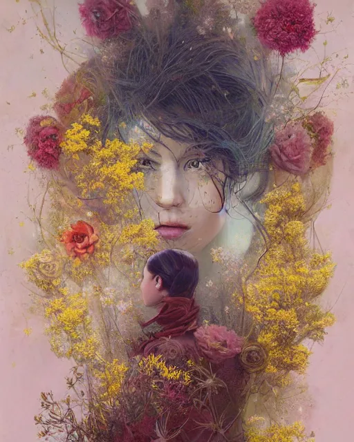 Prompt: a painting of a young woman surrounded by flowers, a surrealist painting by yoann lossel, trending on cgsociety, pop surrealism, made of flowers, cosmic horror, lovecraftian