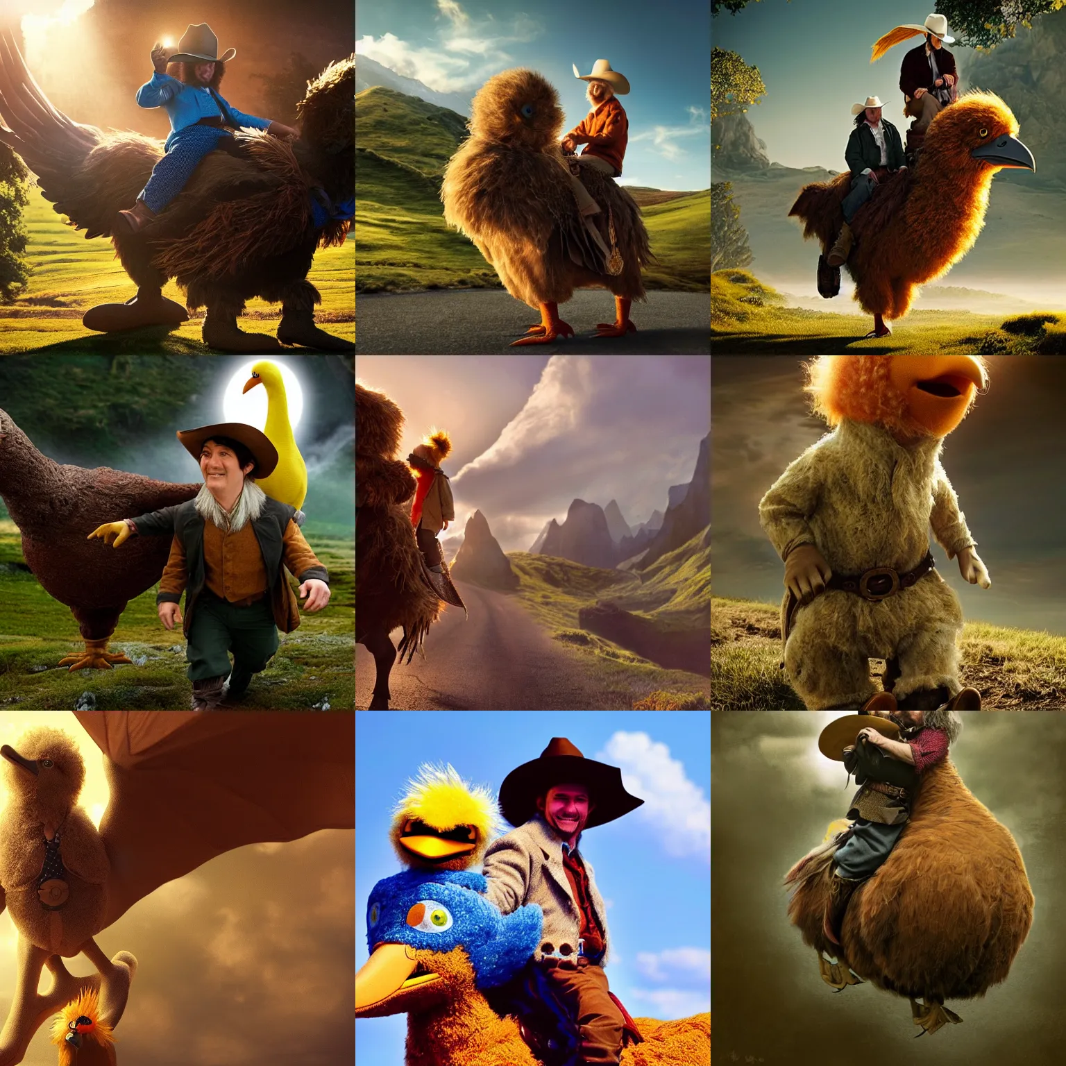 Prompt: big bird riding a hobbit, wearing a cowboy hat, hyperrealistic, clean and pristine design, cinematic composition, dramatic lighting,