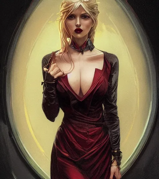 Image similar to a vampire girl wearing a golden dress, grey hair, red necktie, cinematic, stunning, highly detailed, digital painting, artstation, smooth, hard focus, full body shot, illustration, art by artgerm and greg rutkowski and alphonse mucha