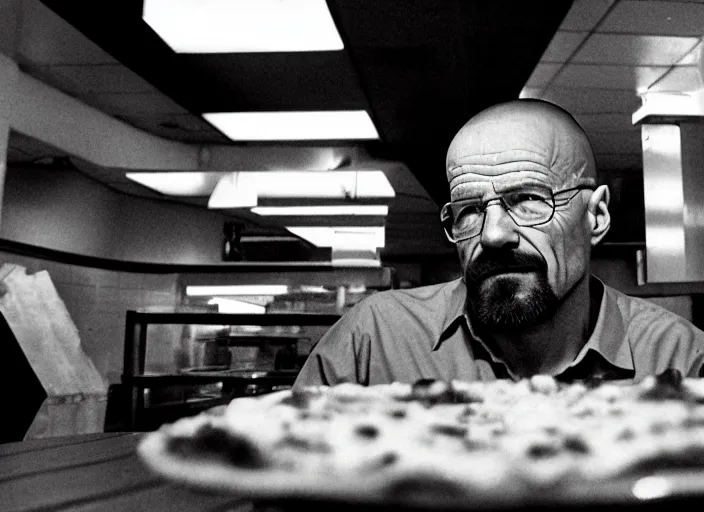 Prompt: portrait of walter white eating pizza at chuck - e - cheese with sloppy cheesy sauce getting slopped up all over the place, dramatic lighting, moody film still from breaking bad ( 2 0 1 1 ), 3 5 mm kodak color stock, 2 4 mm lens, directed by rian johnson, ecktochrome