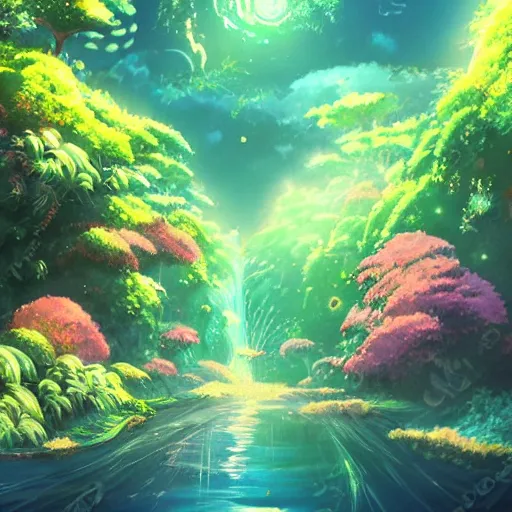 Prompt: Intricate nebula river running through a dense jungle of tropical flowers and fire flies in the style of makoto shinkai