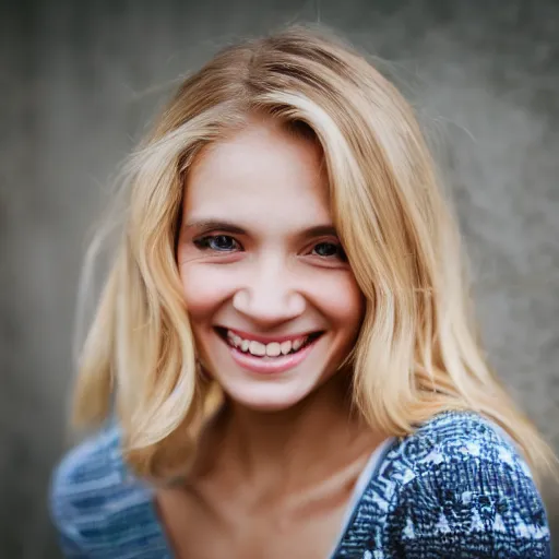 Prompt: photography of a blonde girl smiling at the camera