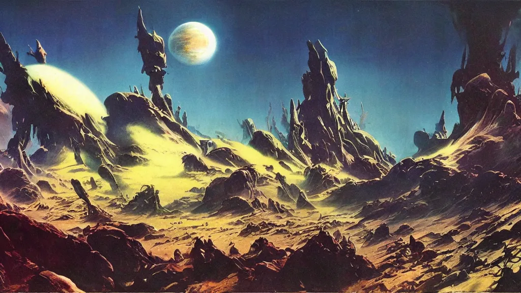 Image similar to surreal eerie alien planet empire by frank frazetta and bruce pennington, cinematic matte painting