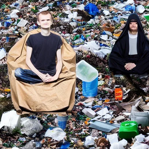 Prompt: Vitalik Buterin as a homeless wizard prentending to cast a spell , ethereum logo can be seen in the surrounding garbage - Photo manipulated by DALLE