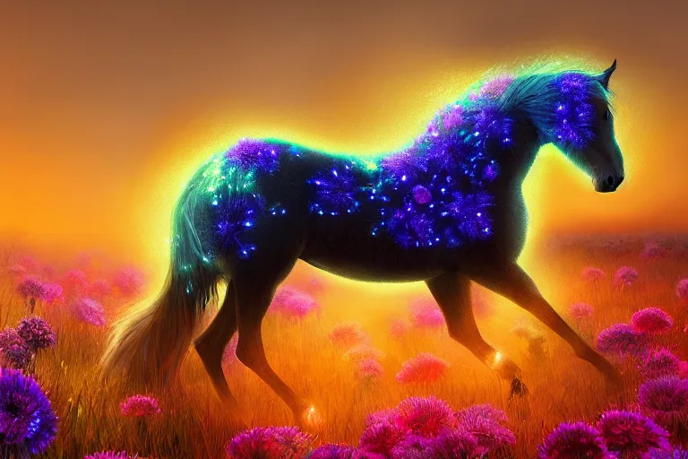 Prompt: a stunning digital painting of a horse with a mane of bioluminescent flowers running through a field of flowers by eddie mendoza, flowerpunk, volumetric light, digital art, fine detail, photorealistic
