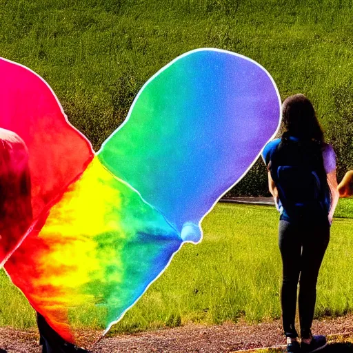 Prompt: two people joined by a rainbow emanating from their backside