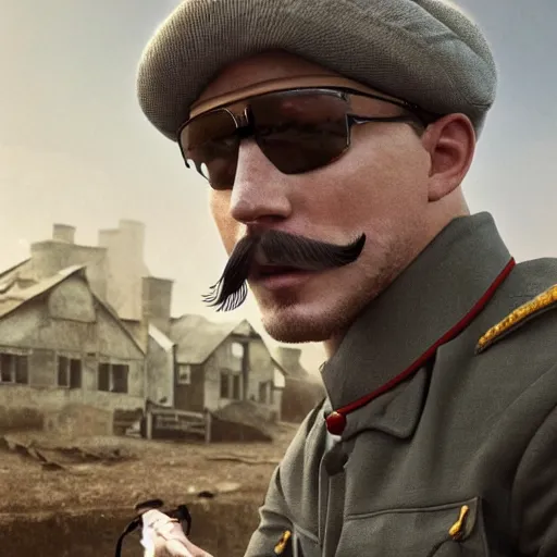 Prompt: fullbody portrait of channing tatum with handlebar moustache, wearing ww 1 clothes, with black beanie on head, white thatch houses at background, style ivan talavera and artgerm, radiant lighting, hyper realistic, photorealistic, octane render, trending on artstation, cgsociety, cinematic light, global illumination