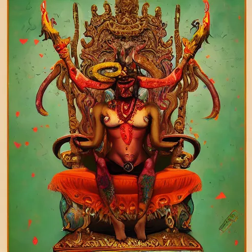 Prompt: a beautiful painting of a demon sitting on top of a chair, a high detailed painting by ram chandra shukla, by ali akbar sadeghi, pixiv contest winner, bengal school of art, symmetrical, coherent, maximalist, trending on artstation