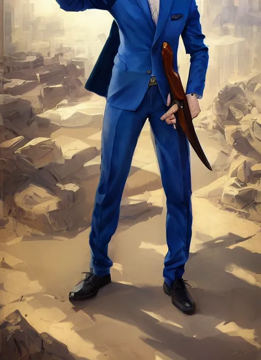 Image similar to artgerm portrait painting of a blond man in a blue suit with a sword and a pistol, asymmetrical, profile picture, organic painting, sunny day, matte painting, bold shapes, hard edges, street art, trending on artstation, by huang guangjian, gil elvgren, ruan jia, randy vargas, greg rutkowski