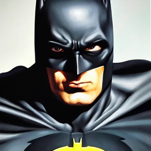 Image similar to An ultra-realistic portrait painting of Batman in the style of Alex Ross. 4K. Beautiful. Ultra-realistic. Highly detailed. Epic lighting.