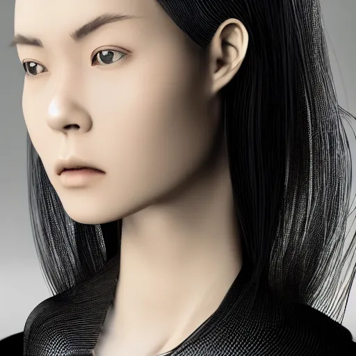 Image similar to closeup portrait of an absurdly beautiful, graceful sophisticated, fashionable cyberpunk mechanoid gravure idol, young asian woman, rich queen, ruler of the world, shoulder length hair, sci fi jewelry, an ultrafine hyperdetailed illustration by irakli nadar, matt wisniewski style, intricate linework, porcelain skin, unreal engine 5 highly rendered, radiant light