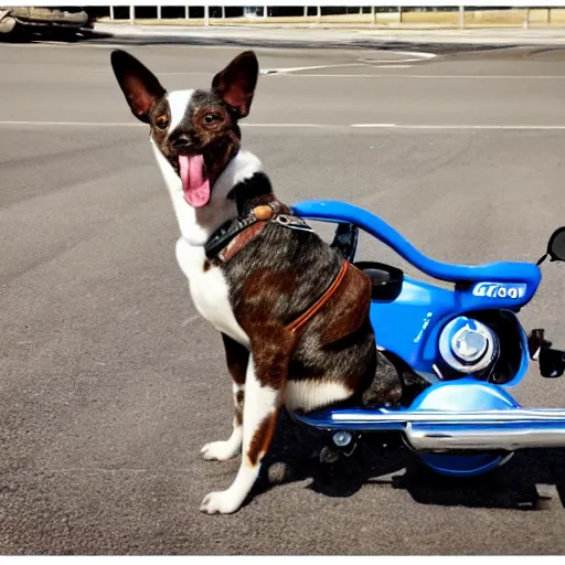 Image similar to blue heeler dog on a motorcycle, 8 k photography, blurred background of a wafflehouse