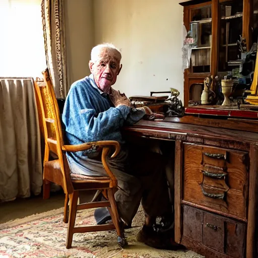 Prompt: Portrait of a very old grandpa sitting at a very old desk, with very old curtains in the room. The desk has a very old phone on it. Dusty air. Interview.