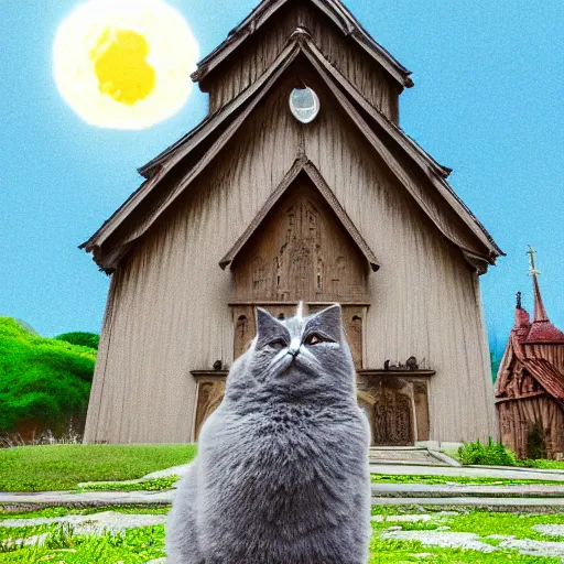 Image similar to illustration of a fluffy grey cat pointing it's paw at a priest in front of a white stave church by studio ghibli fantastic realism ultra - wide angle lens, early morning