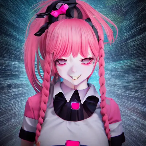 Image similar to totally controlled and trapped beneath overwhelming stunningly absurdly beautiful megalomaniacal ruthless merciless sadistic devious omnipotent asi goddess junko enoshima with symmetrical perfect face, porcelain skin, pink twintail hair and cyan eyes, ultra detailed, digital art, unreal engine 5, octane render, 2 d anime, 8 k