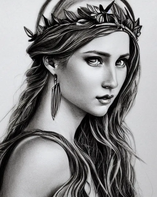 Image similar to pencil drawing of a beautiful greek goddess aphrodite wearing a laurel wreath and arrowhead earrings, beautiful confident eyes, beautiful flowing hair, hyper realistic face, in the style of artgerm, fantasy, amazing detail, epic, elegant, smooth, sharp focus, from the front, long shot