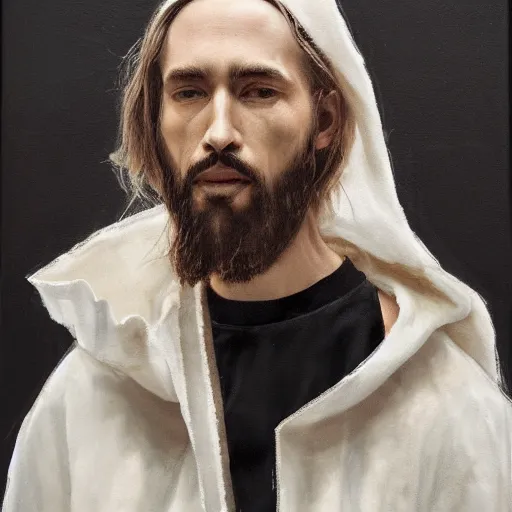 Image similar to a full body lookbook portrait of modern - day jesus wearing cream fear of god menswear collection by nicola samori, hat and hoodie, detailed, oil painting, hyper realistic, 8 k, yeezy collection