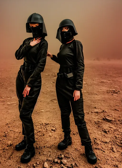 Image similar to cinestill 5 0 d photographic portrait of two loving clones, techwear women on a desolate plain, a brutalist dark metal facility in the background, dust storm, depth of field, 4 k, 8 k, hd, full color