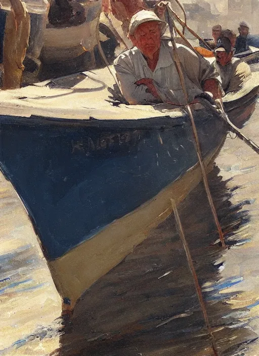 Prompt: a highly detailed old sailor portraitin a boat, by gregory manchess, james gurney, james jean